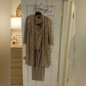 Women’s 3 pcs pants suit. Metallic lace tank top with a sheer lace jacket.